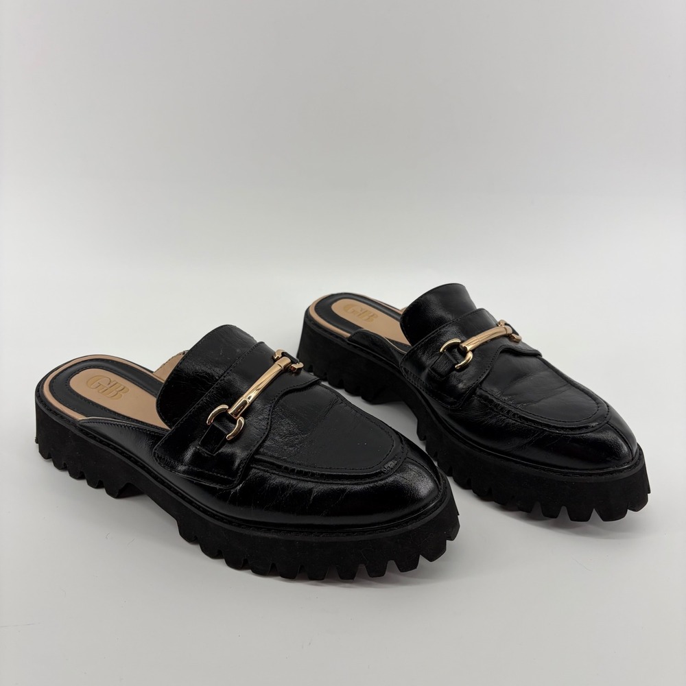 GB girls Black Leather Slip-On Mules with Gold Buckle